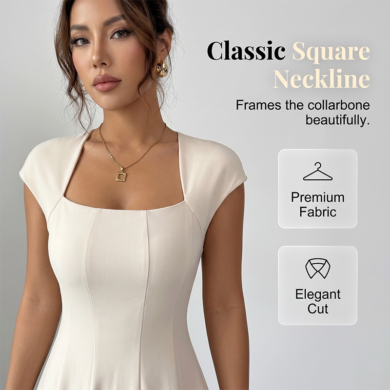 ⚡ Heute halber Preis! Elegantes A-Linien-Kleid für Damen mit quadratischem Ausschnitt, schmal geschnitten, langes Kleid