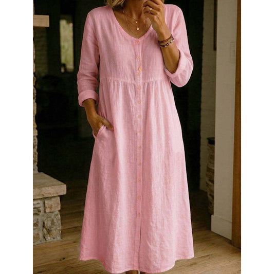 Gluschwein - 🎯 50%-Schnäppchen! Lässiges Midi-Kleid aus Leinen mit V-Ausschnitt und Knopfleiste für Damen