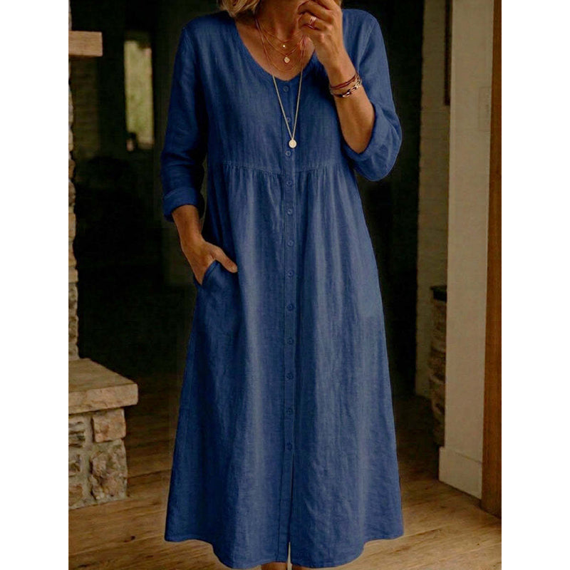 🎯 50%-Schnäppchen! Lässiges Midi-Kleid aus Leinen mit V-Ausschnitt und Knopfleiste für Damen