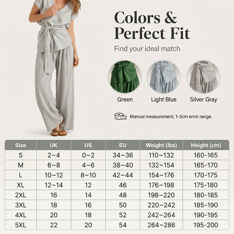 Damen-Set bestehend aus einem lässigen Oberteil, das an der Taille gebunden wird, und einer Hose mit weitem Bein