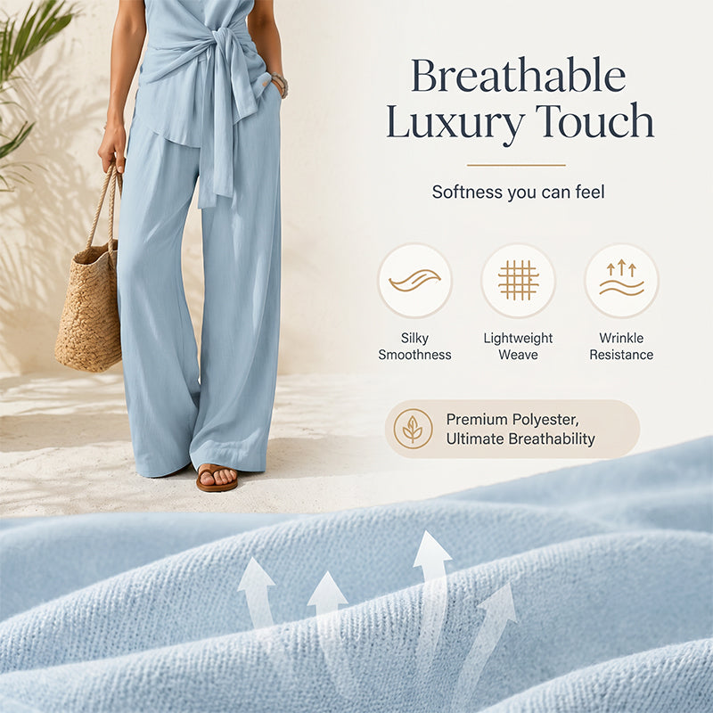 Damen-Set bestehend aus einem lässigen Oberteil, das an der Taille gebunden wird, und einer Hose mit weitem Bein