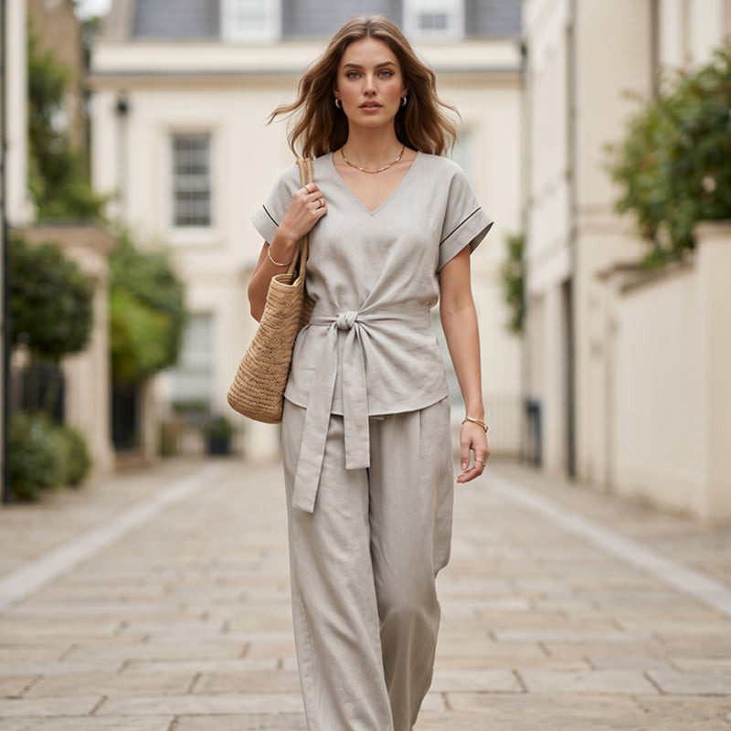 Damen-Set bestehend aus einem lässigen Oberteil, das an der Taille gebunden wird, und einer Hose mit weitem Bein