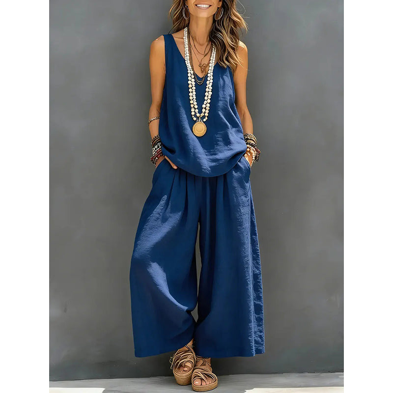 🌸Neuheiten & Sonderangebote – Set aus einfarbigem Damen-Tanktop mit V-Ausschnitt und Hose