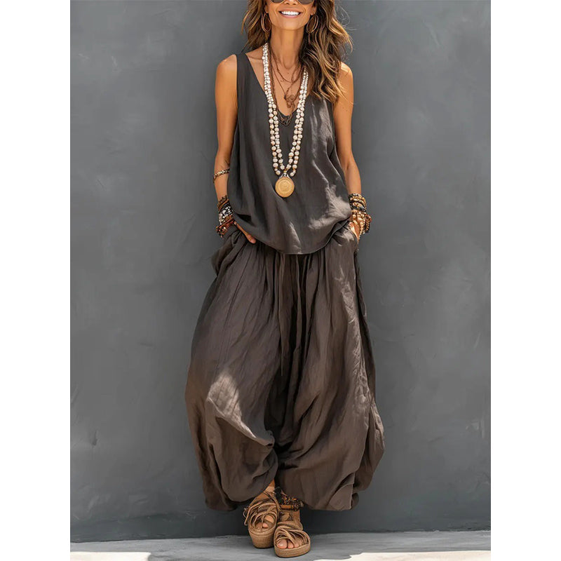 🌸Neuheiten & Sonderangebote – Set aus einfarbigem Damen-Tanktop mit V-Ausschnitt und Hose