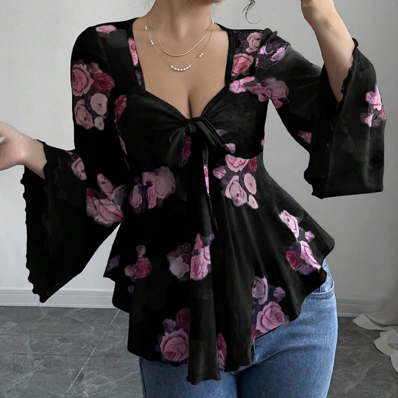 🌺Damenbluse mit Blumenmuster, quadratischem Ausschnitt und geknoteter Vorderseite