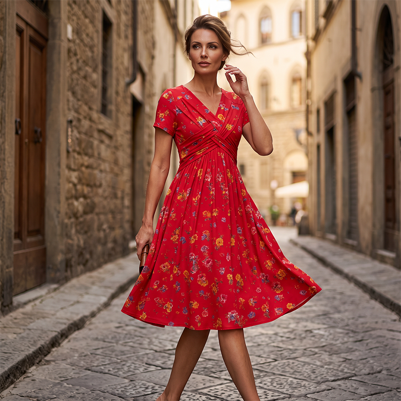 Gluschwein - 🌸🔥50% RABATT!🔥🔥Blumiges V-Ausschnitt-Kleid mit Taillendrehung – elegant und lässig für jeden Anlass