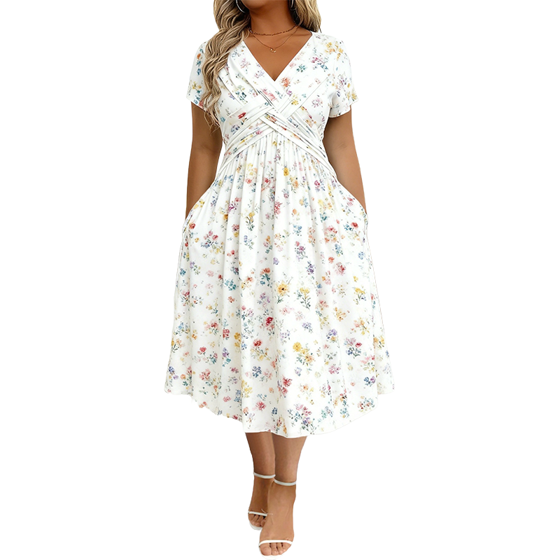 Gluschwein - 🌸🔥50% RABATT!🔥🔥Blumiges V-Ausschnitt-Kleid mit Taillendrehung – elegant und lässig für jeden Anlass