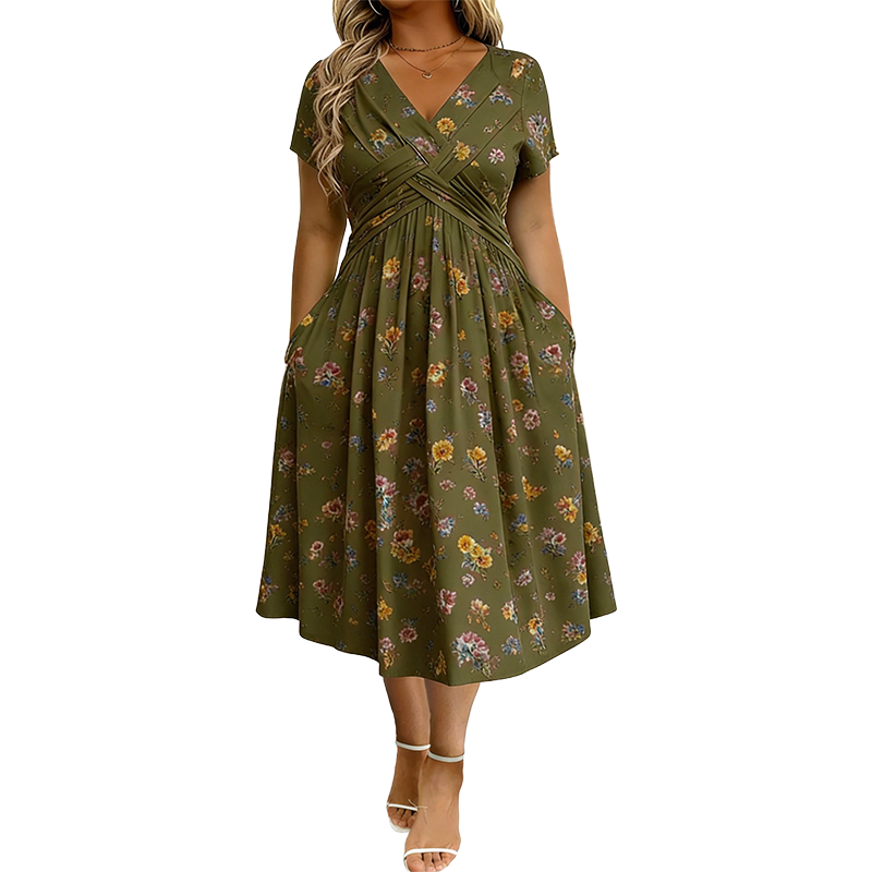 Gluschwein - 🌸🔥50% RABATT!🔥🔥Blumiges V-Ausschnitt-Kleid mit Taillendrehung – elegant und lässig für jeden Anlass