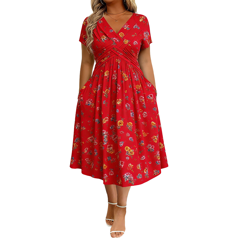 Gluschwein - 🌸🔥50% RABATT!🔥🔥Blumiges V-Ausschnitt-Kleid mit Taillendrehung – elegant und lässig für jeden Anlass