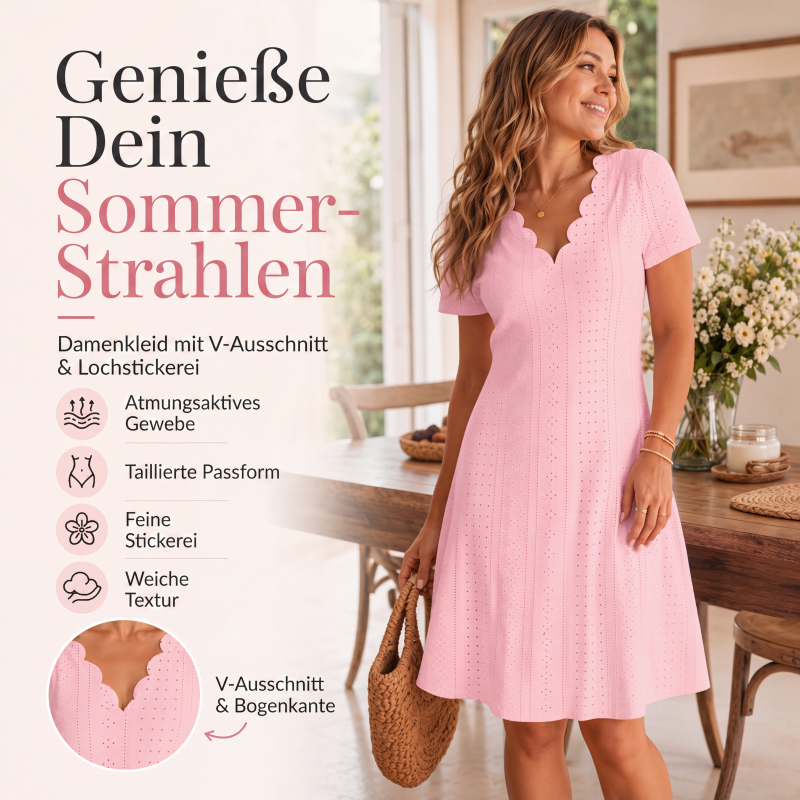 👗Top-Empfehlung - V-Ausschnitt Lochstickerei-Kleid mit Muschelsaum – Leicht & Romantisch für Gartenpartys oder Brunch 🌿