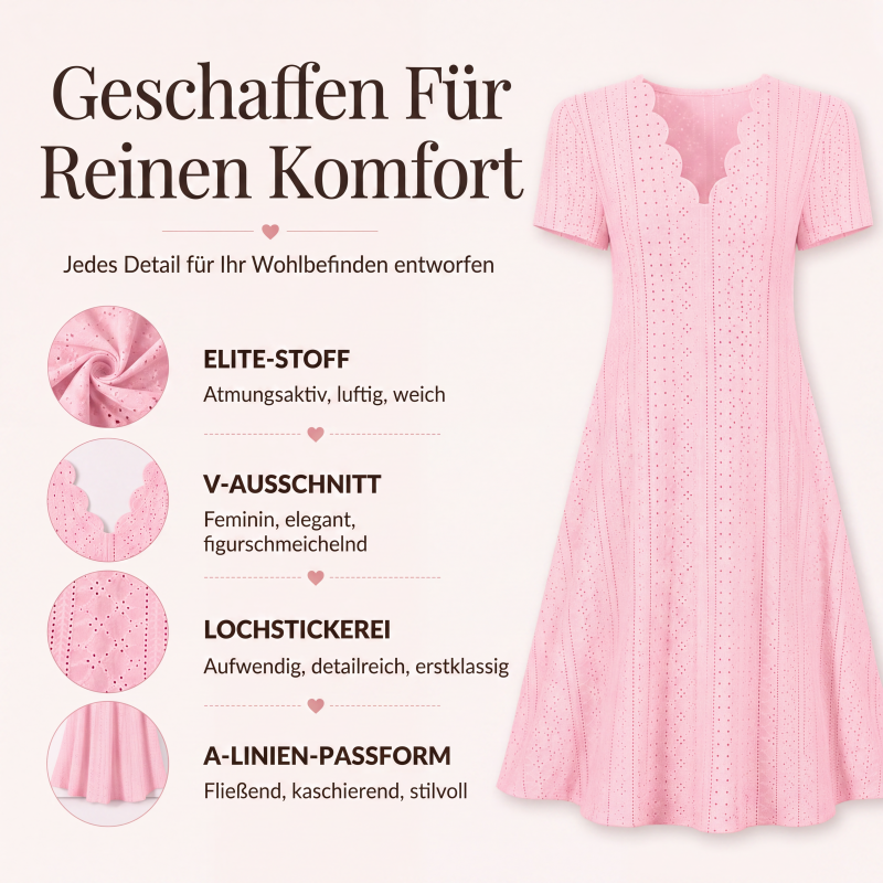 👗Top-Empfehlung - V-Ausschnitt Lochstickerei-Kleid mit Muschelsaum – Leicht & Romantisch für Gartenpartys oder Brunch 🌿