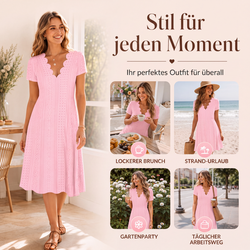 👗Top-Empfehlung - V-Ausschnitt Lochstickerei-Kleid mit Muschelsaum – Leicht & Romantisch für Gartenpartys oder Brunch 🌿