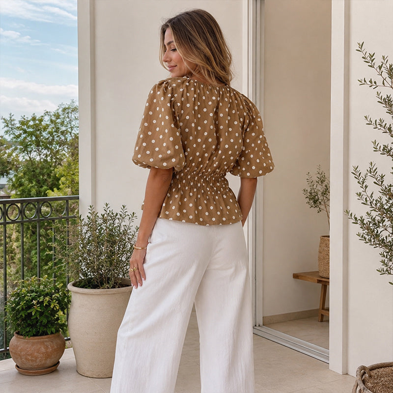 🌴Sommer-Bestseller: 50 % Rabatt！👚Damen Taillenbetonte Gepunktete Bluse