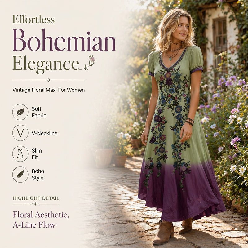 Gluschwein - 🔥Neuheiten & Sonderangebote – Vintage-Maxikleid für Damen mit V-Ausschnitt und Blumenmuster