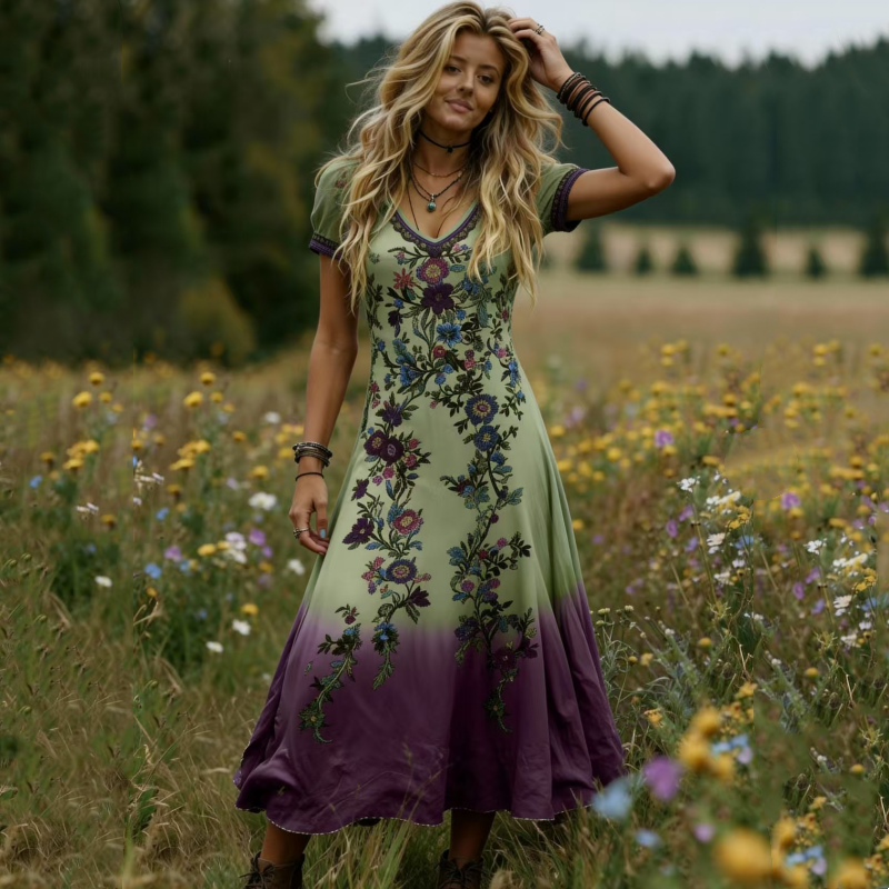 Gluschwein - 🔥Neuheiten & Sonderangebote – Vintage-Maxikleid für Damen mit V-Ausschnitt und Blumenmuster