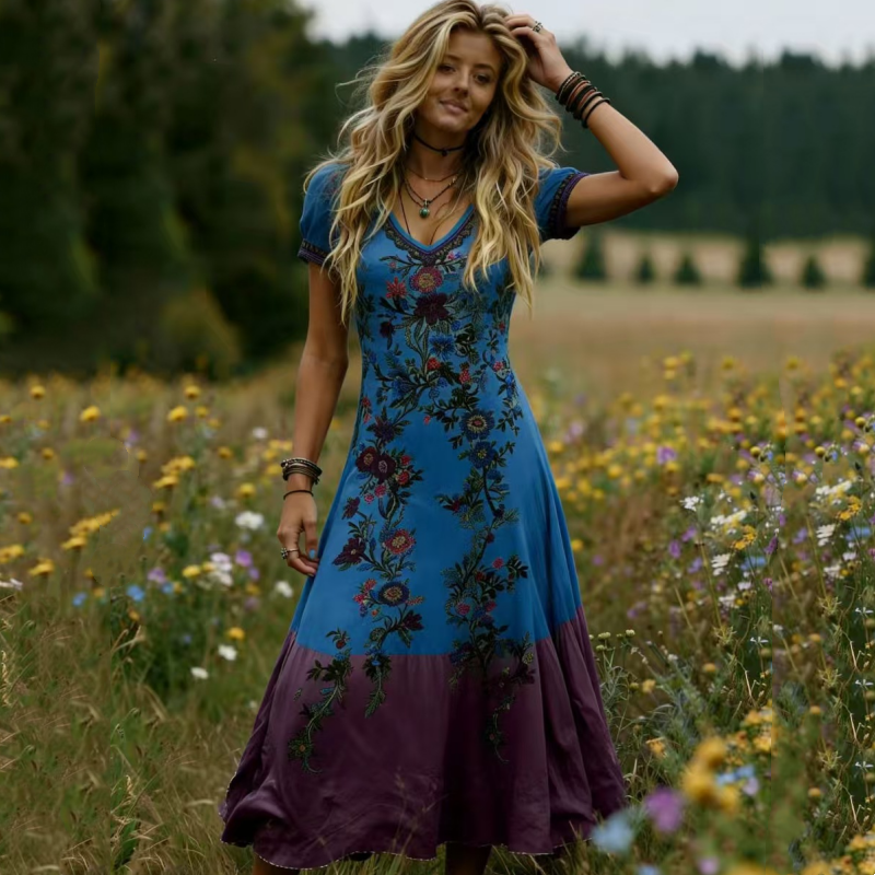 Gluschwein - 🔥Neuheiten & Sonderangebote – Vintage-Maxikleid für Damen mit V-Ausschnitt und Blumenmuster