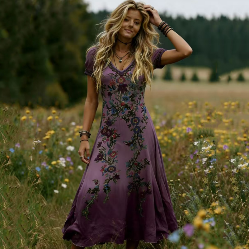 Gluschwein - 🔥Neuheiten & Sonderangebote – Vintage-Maxikleid für Damen mit V-Ausschnitt und Blumenmuster