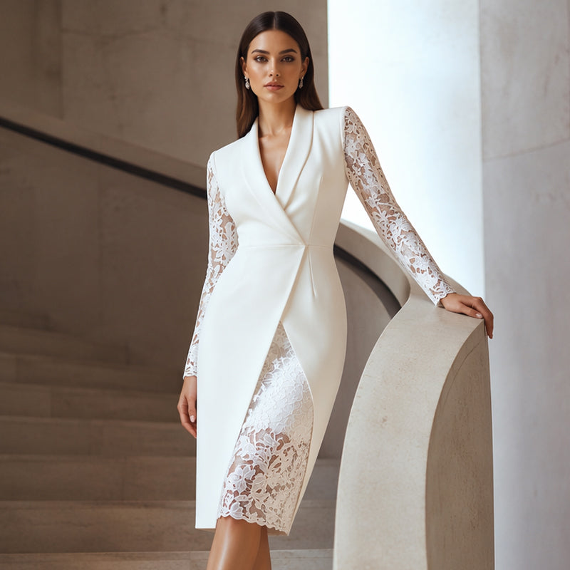 Gluschwein - Elegantes Damen-Körperbetontes Kleid mit V-Ausschnitt und Spitzenärmeln