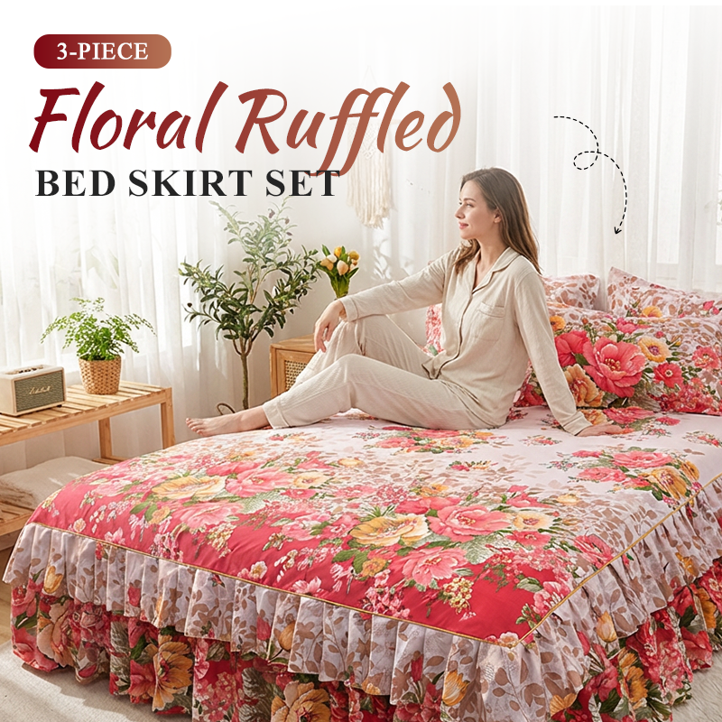 🌸 BEFRISTET ANGEBOT – 50 % RABATT! 3-teiliger, florales Rüschen-Bettrock – Dekoratives Bettwäsche-Set für das Schlafzimmer mit Kissenbezügen ✨