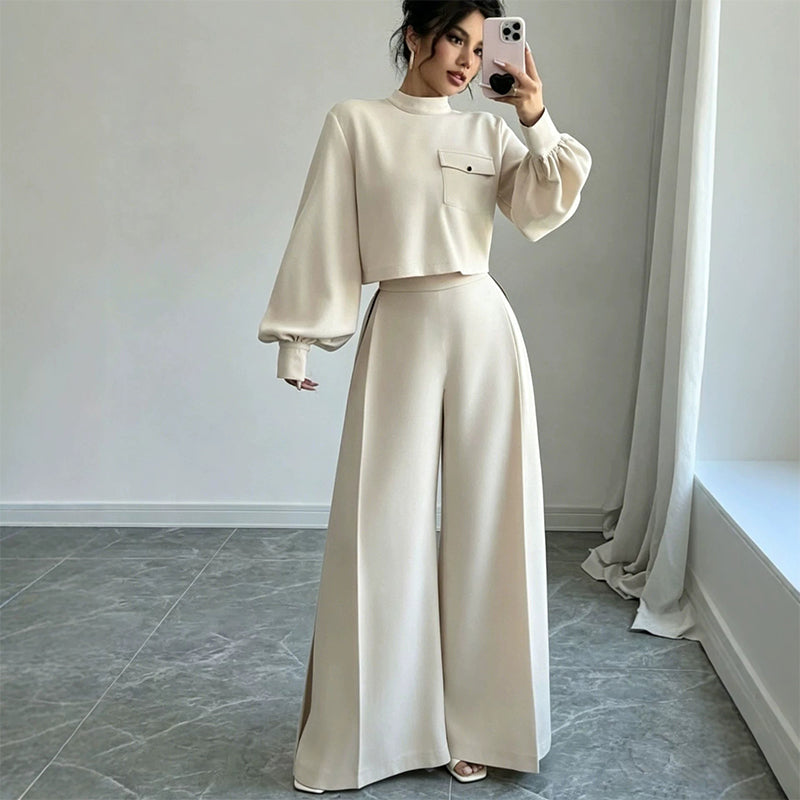 Damen-Lässiges Set aus kurzem Oberteil und weiten Hosen