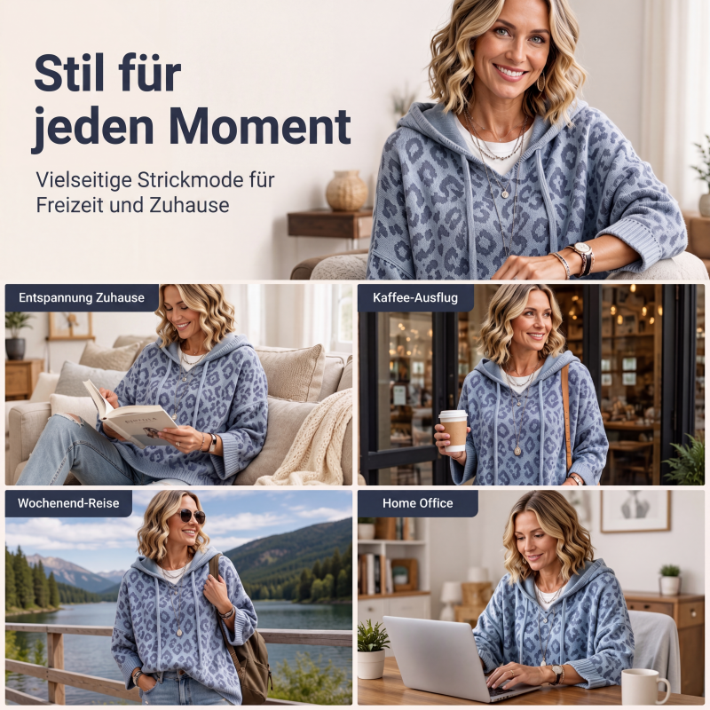 Gestrickter Hoodie mit Leopardenmuster für Damen