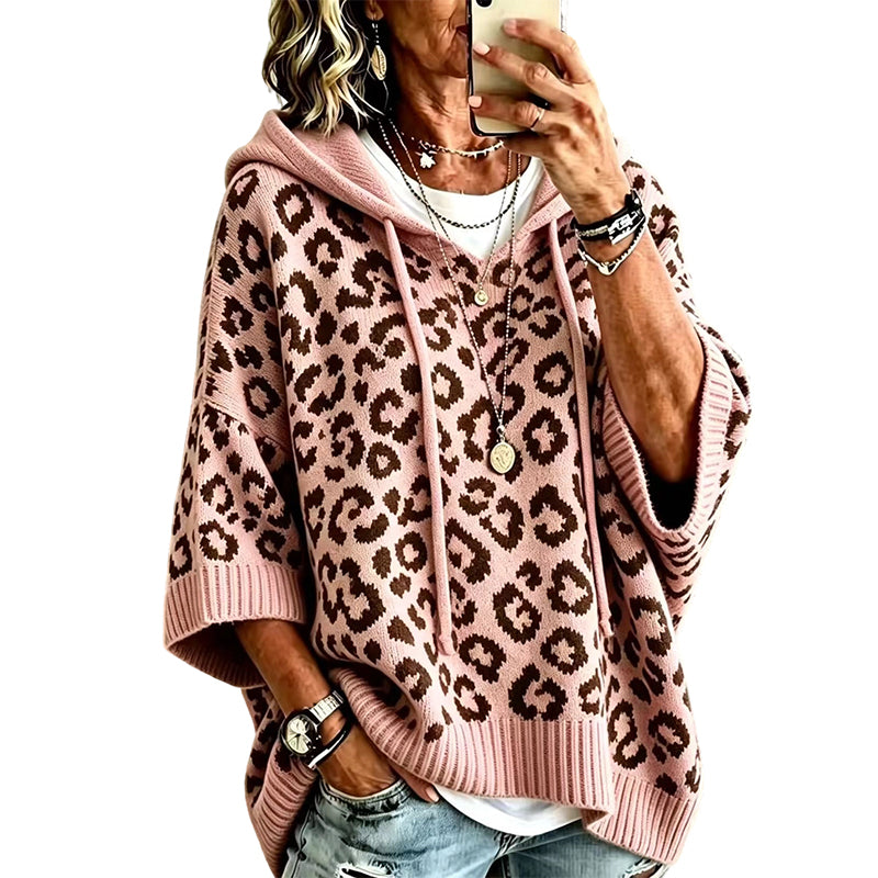 Gestrickter Hoodie mit Leopardenmuster für Damen