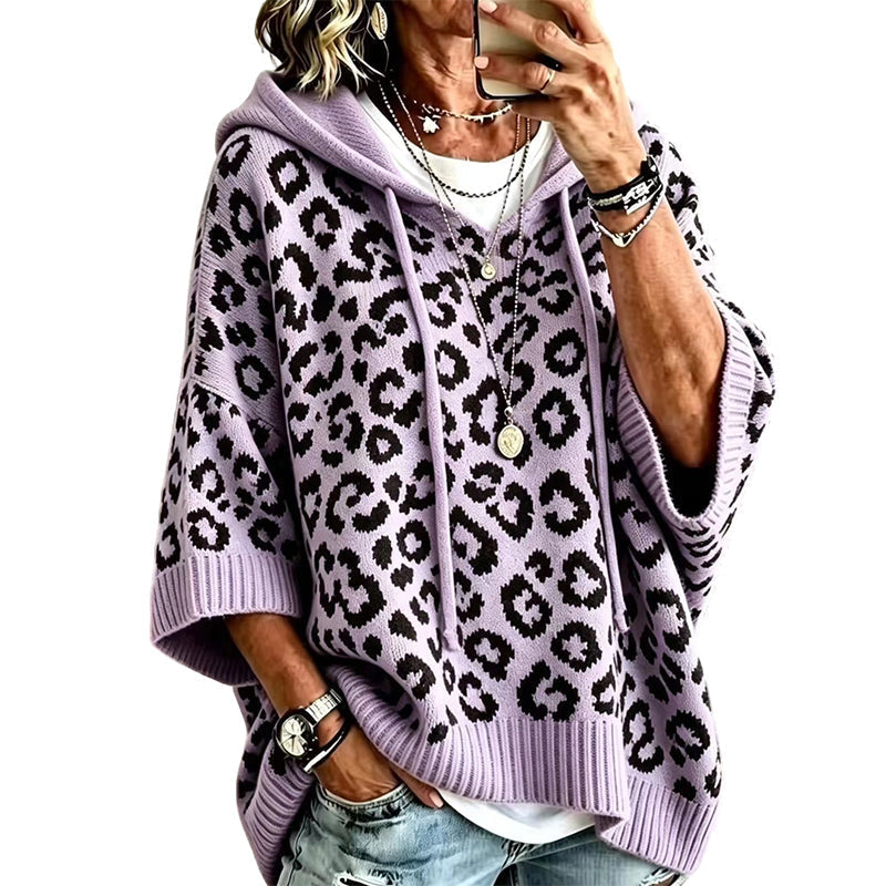 Gestrickter Hoodie mit Leopardenmuster für Damen