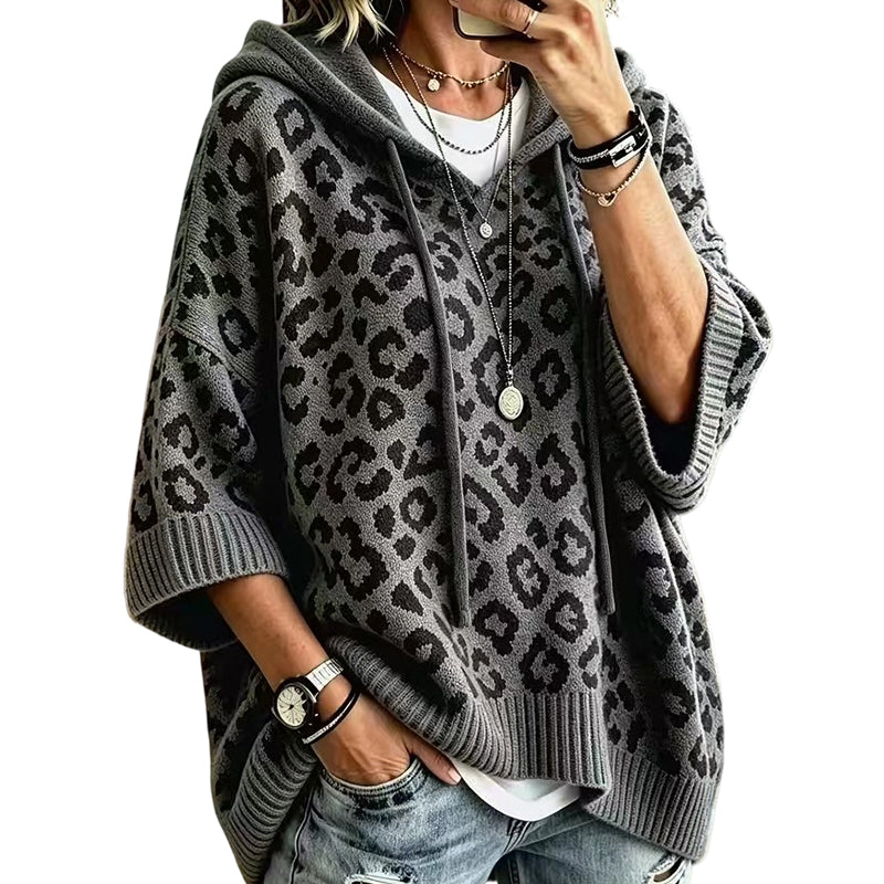 Gestrickter Hoodie mit Leopardenmuster für Damen