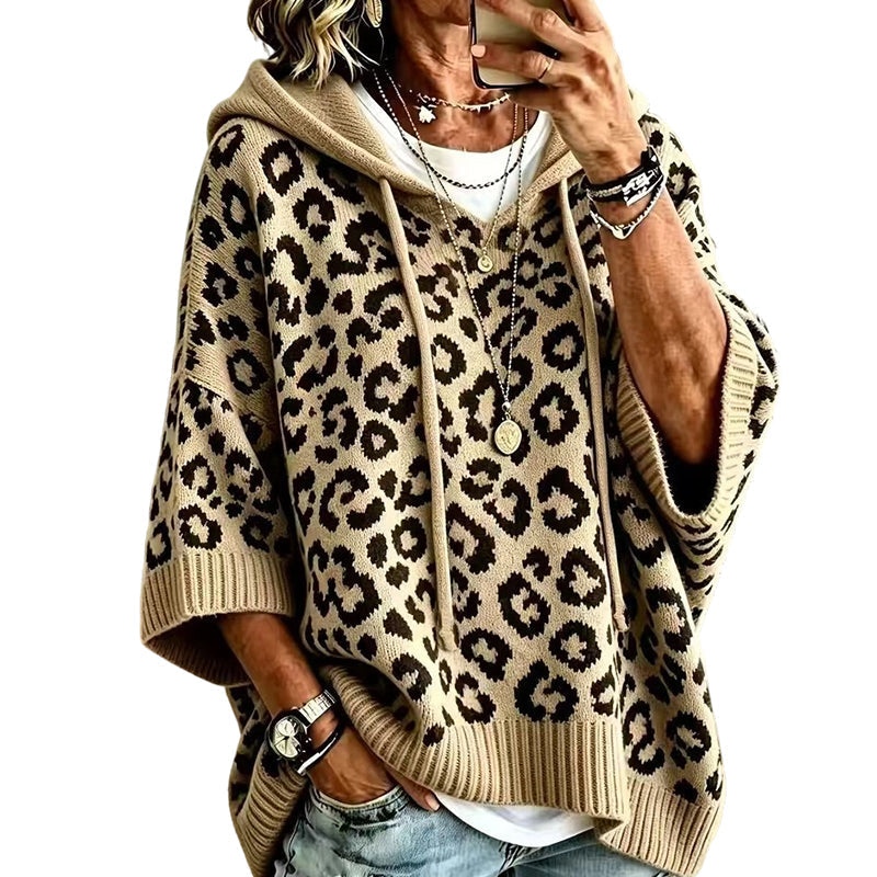 Gestrickter Hoodie mit Leopardenmuster für Damen