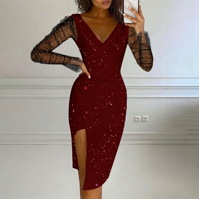 Glitzerndes Bodycon-Kleid für Damen mit Netzärmeln