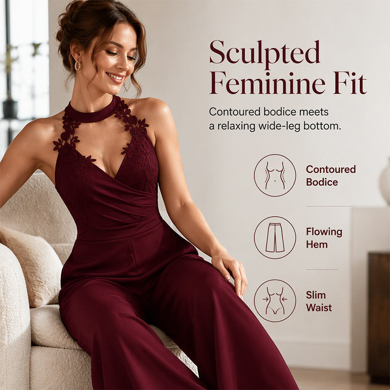 Damen Eleganter Neckholder Spitzen Plissee Weites Bein Overall