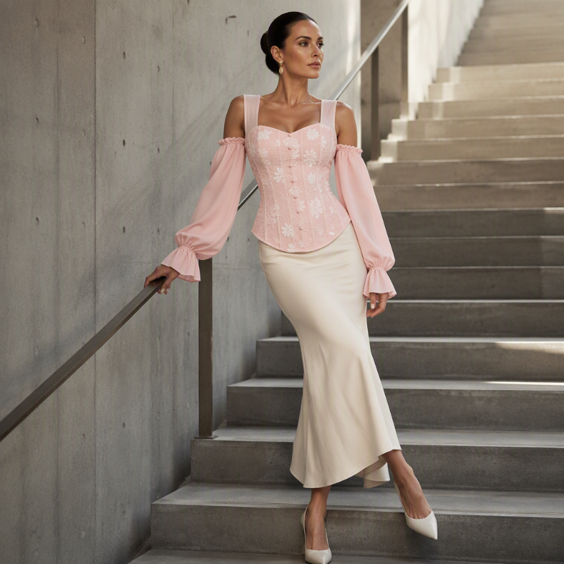 Damen Cold-Shoulder-Oberteil aus geblümten Jacquard
