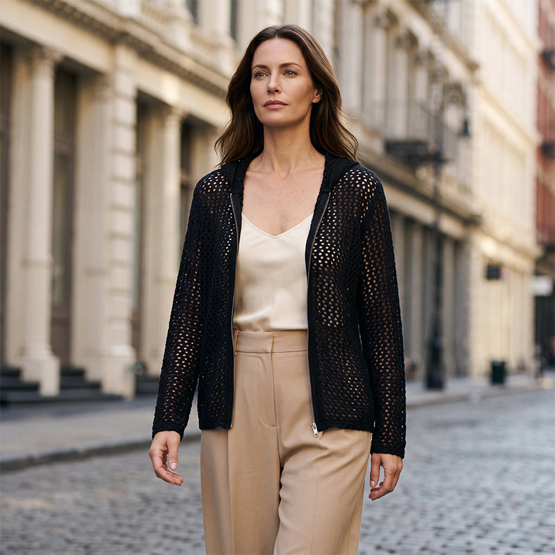 🌸☀️ 2026 Damen-Strickjacke mit Reißverschluss und offenem Strickmuster | Leichter, durchbrochener Langarmpullover für Frühling und Sommer