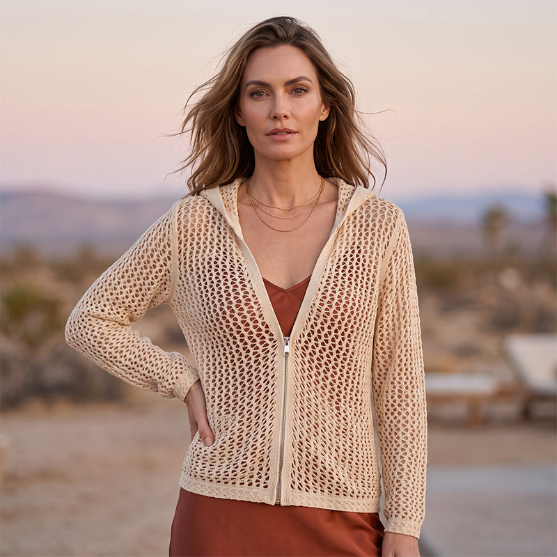 🌸☀️ 2026 Damen-Strickjacke mit Reißverschluss und offenem Strickmuster | Leichter, durchbrochener Langarmpullover für Frühling und Sommer