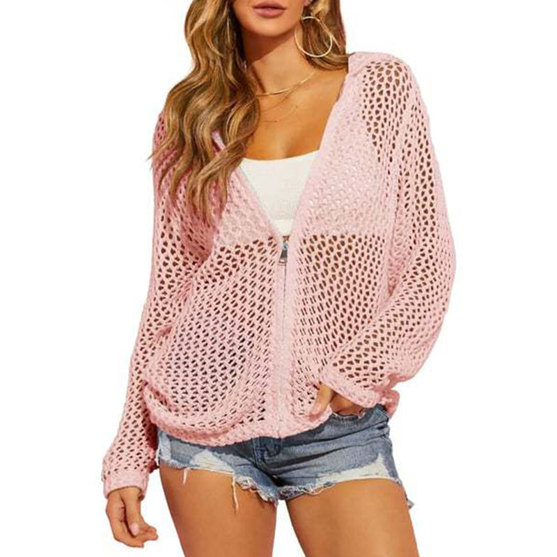 🌸☀️ 2026 Damen-Strickjacke mit Reißverschluss und offenem Strickmuster | Leichter, durchbrochener Langarmpullover für Frühling und Sommer