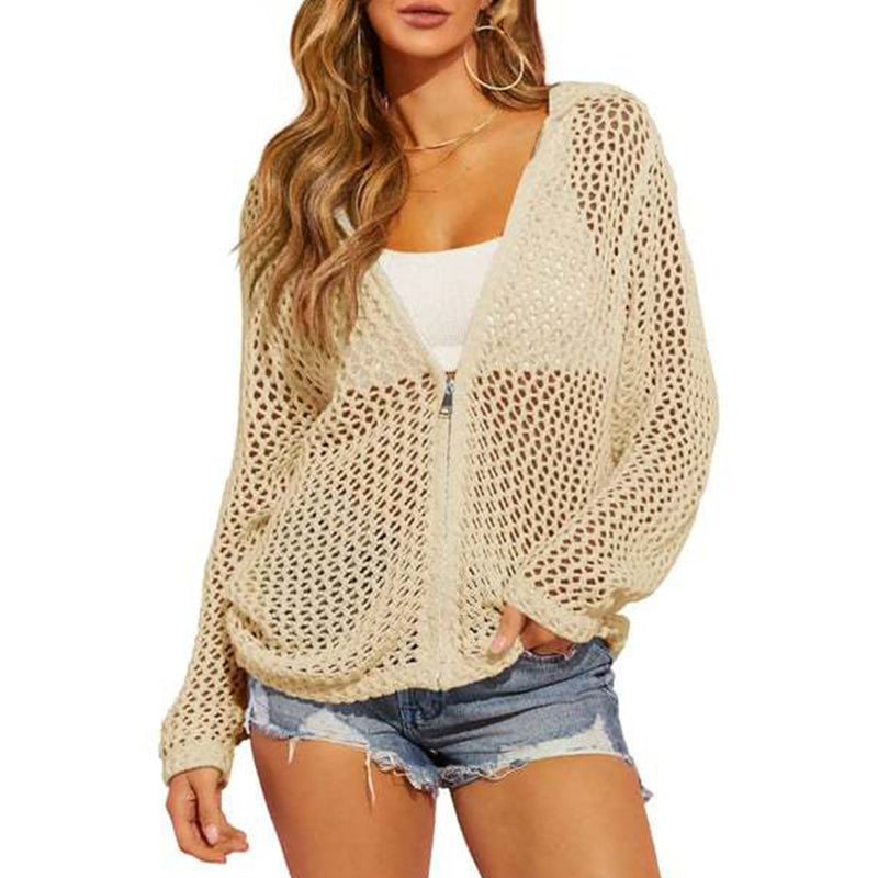 🌸☀️ 2026 Damen-Strickjacke mit Reißverschluss und offenem Strickmuster | Leichter, durchbrochener Langarmpullover für Frühling und Sommer