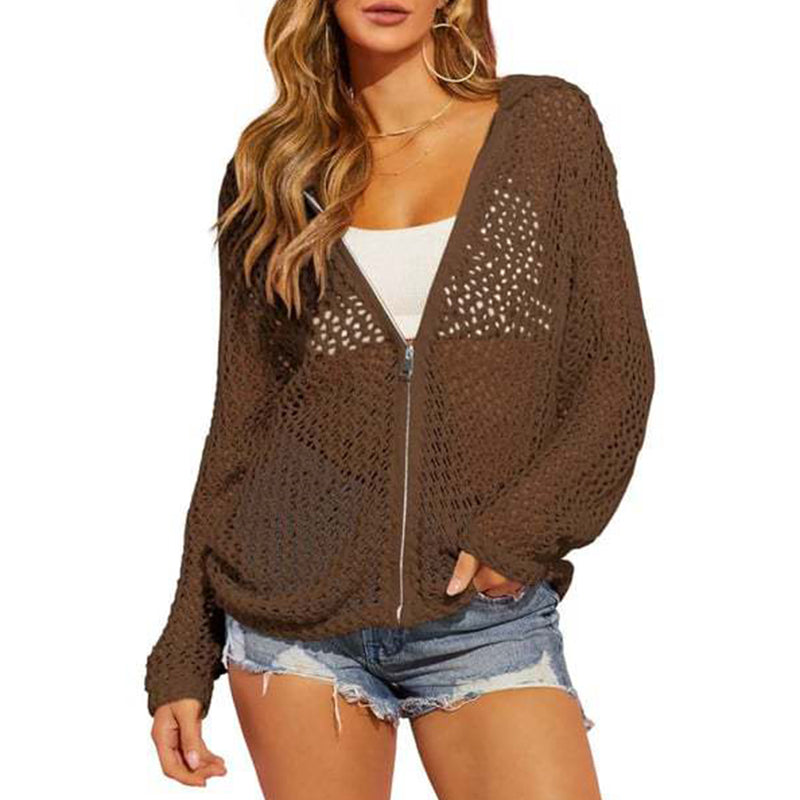 🌸☀️ 2026 Damen-Strickjacke mit Reißverschluss und offenem Strickmuster | Leichter, durchbrochener Langarmpullover für Frühling und Sommer