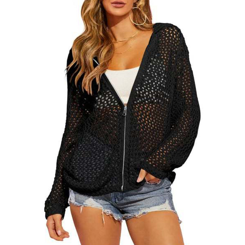 🌸☀️ 2026 Damen-Strickjacke mit Reißverschluss und offenem Strickmuster | Leichter, durchbrochener Langarmpullover für Frühling und Sommer