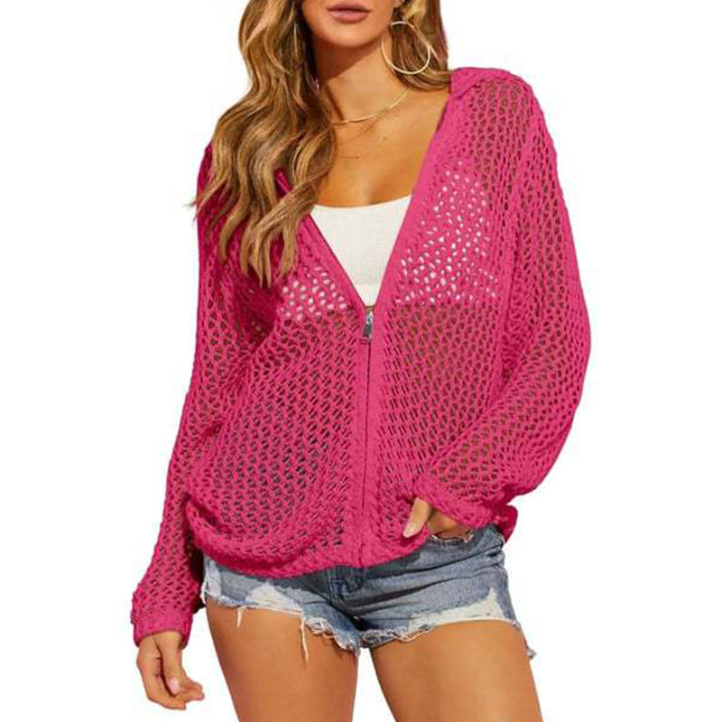🌸☀️ 2026 Damen-Strickjacke mit Reißverschluss und offenem Strickmuster | Leichter, durchbrochener Langarmpullover für Frühling und Sommer