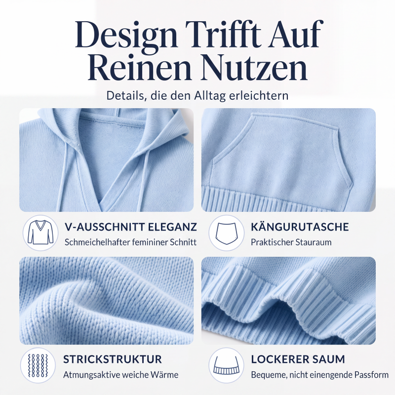 Legerer einfarbiger Kapuzenpullover mit V-Ausschnitt für Damen