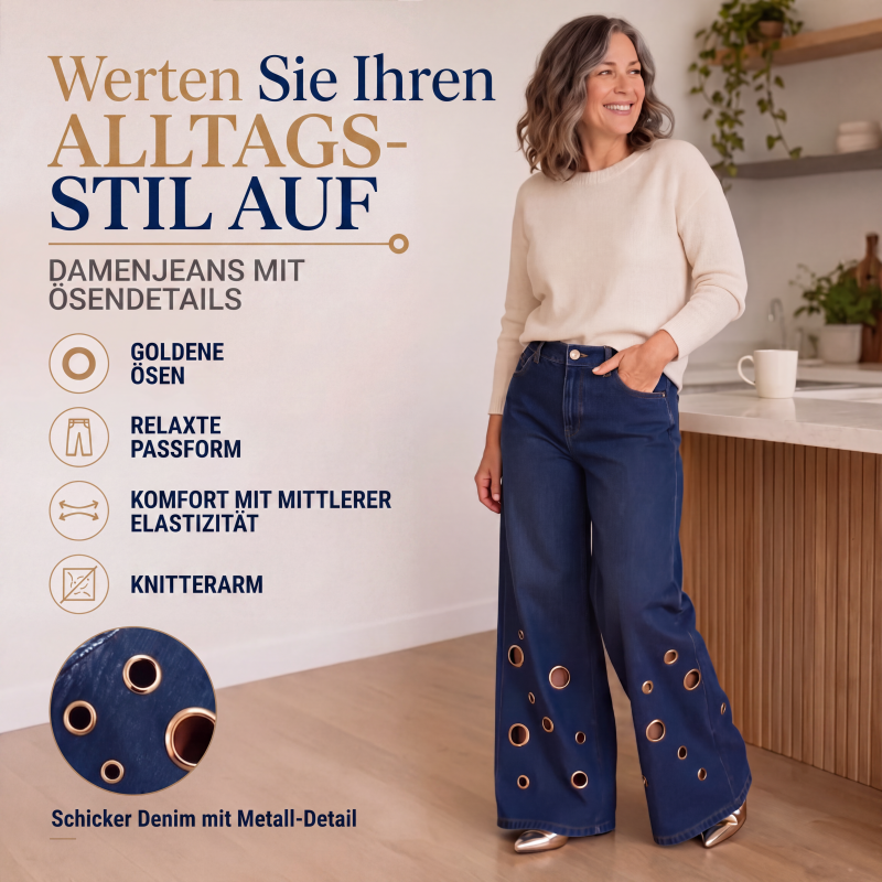 Weite Damenjeans mit Cut-Outs und Metallösen