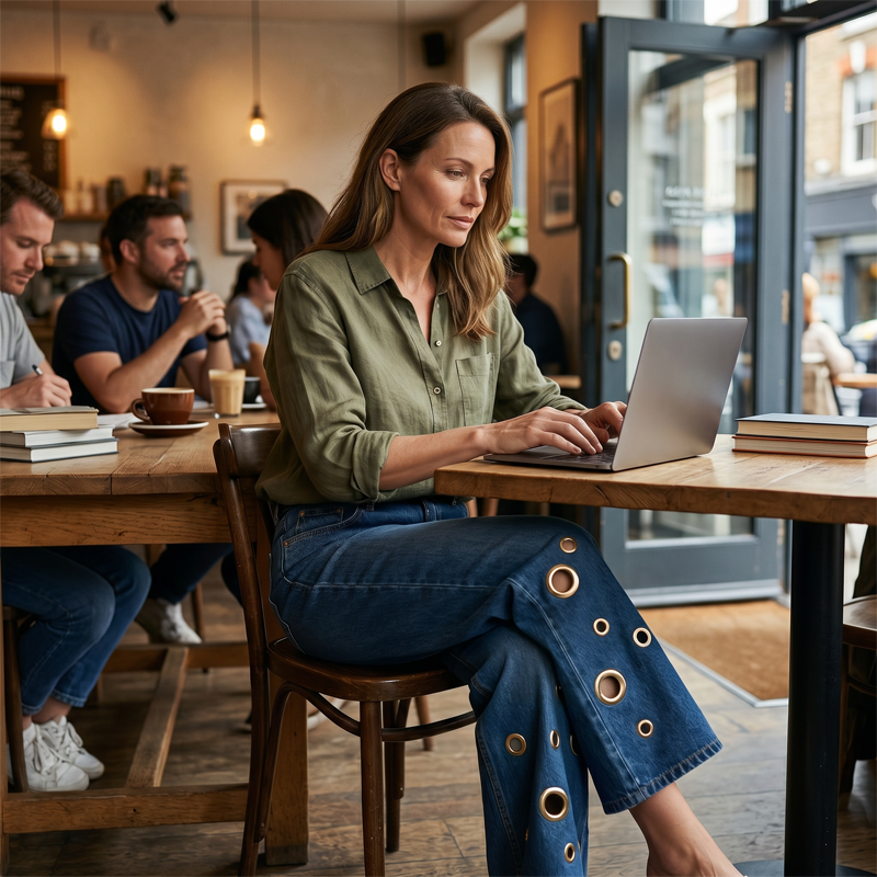 Weite Damenjeans mit Cut-Outs und Metallösen