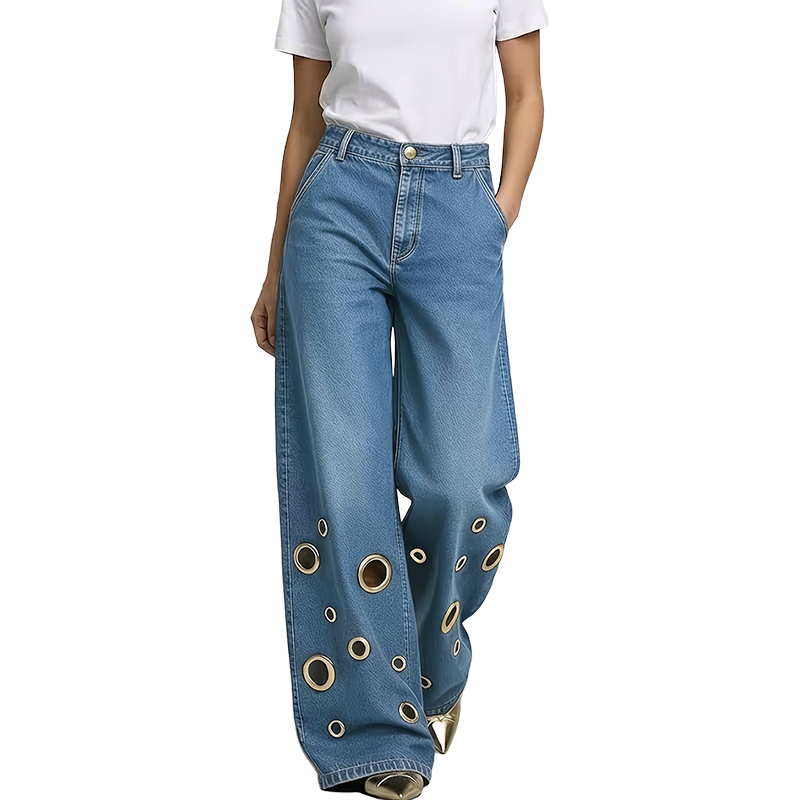Weite Damenjeans mit Cut-Outs und Metallösen