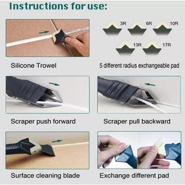 🔥 9-teiliges Silikon-Dichtwerkzeug-Set, 3-in-1-Werkzeug zur Entfernung von Fugen (Edelstahlkopf) und Schabberhilfe zum Entfernen von Fugenmaterial, Entferner für Dichtungsmittel für Küche/Bad/Fenster