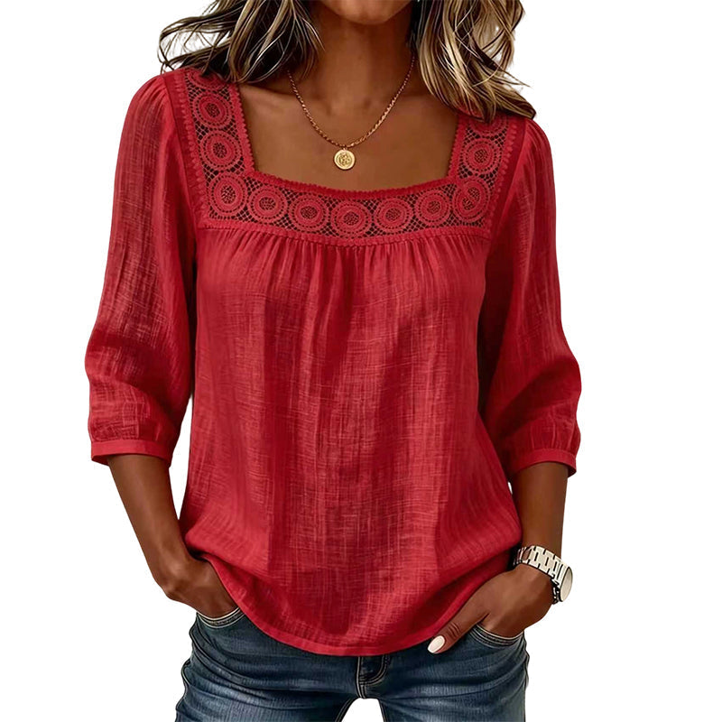 Damen-Bluse mit Spitze und Häkelarbeit, eckiger Ausschnitt