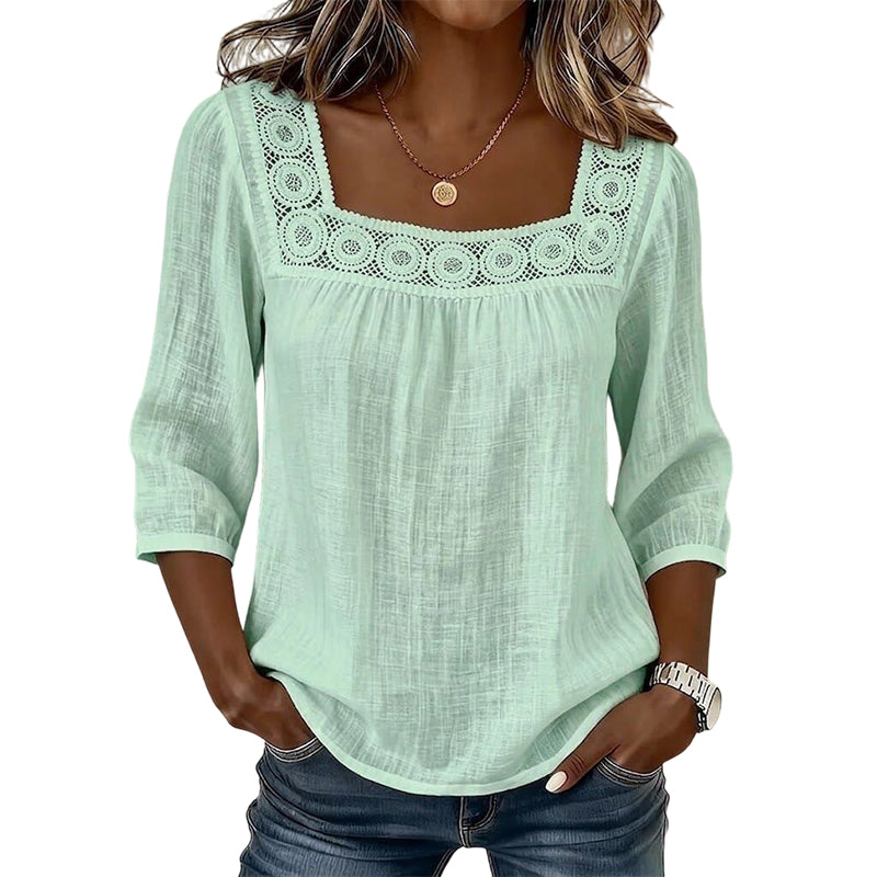 Damen-Bluse mit Spitze und Häkelarbeit, eckiger Ausschnitt