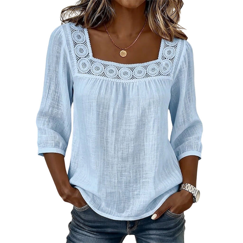 Damen-Bluse mit Spitze und Häkelarbeit, eckiger Ausschnitt