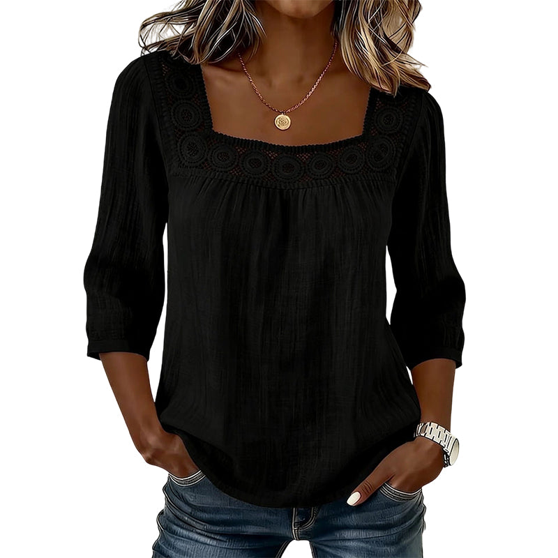 Damen-Bluse mit Spitze und Häkelarbeit, eckiger Ausschnitt