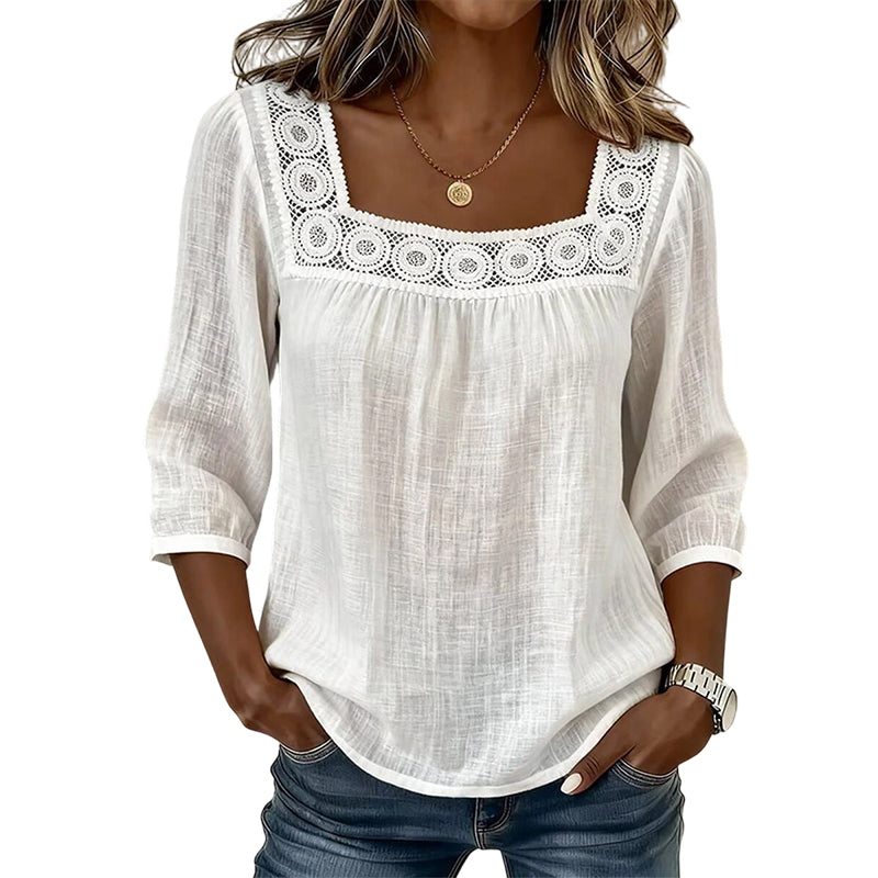 Damen-Bluse mit Spitze und Häkelarbeit, eckiger Ausschnitt