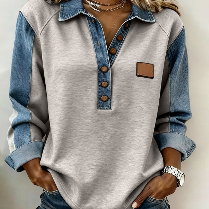 Damen Jeans-Patchwork-Langarmhemd mit Kragen